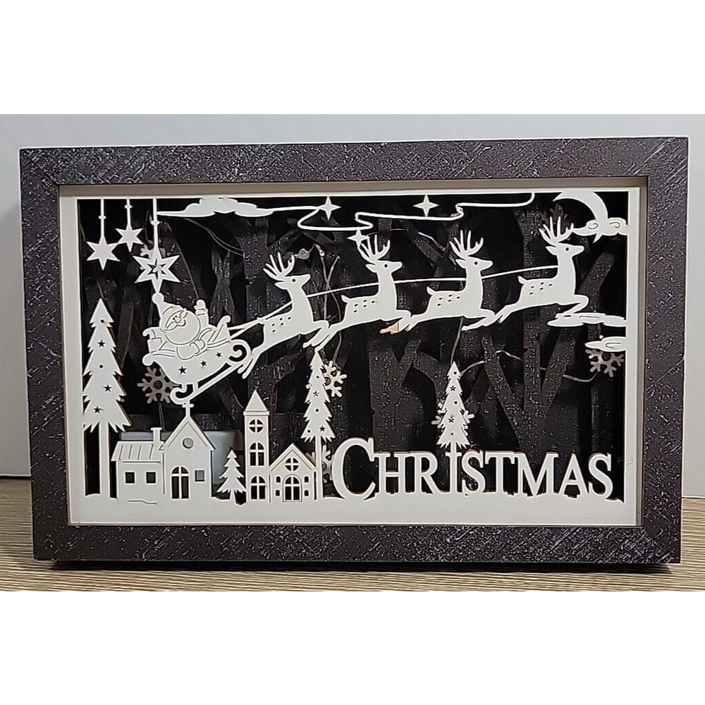 Wooden Christmas Decoration LED Light‎ Up Scene Santa & Reindeer Free Standing